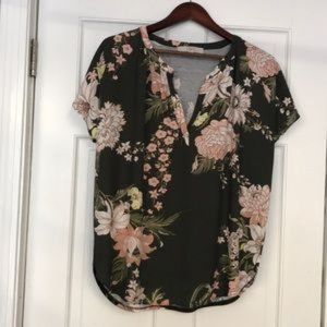 LOFT Olive Green Floral Mixed Media Top